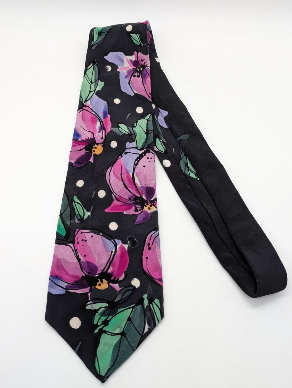 Vintage Robert Daskal Black Pink Floral Hand Painted Silk Tie